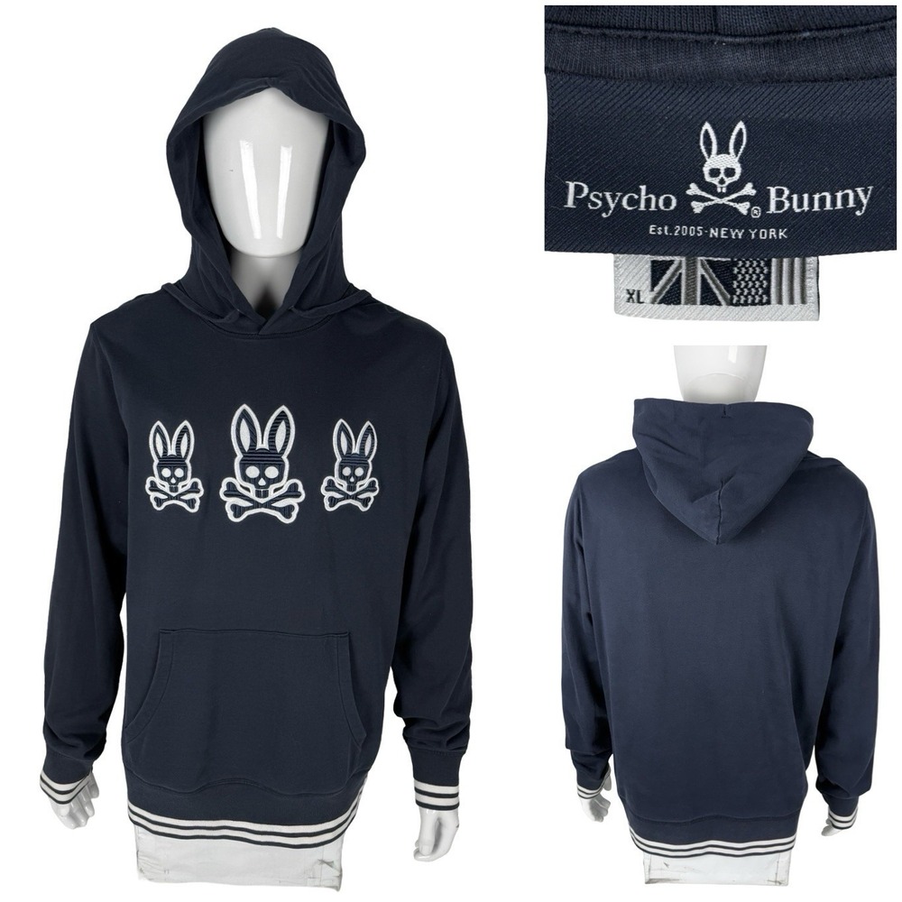 Psycho Bunny Mens XL Hoodie Skull Crossbones Pullover Streetwear Blue Trip